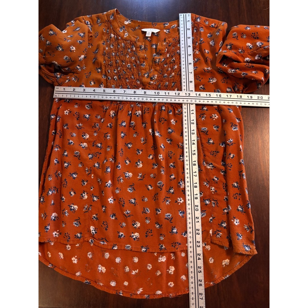 Lucky Brand Rust Orange Floral Smocked Peasant Top Long Sleeve Blouse Small - Picture 5 of 5